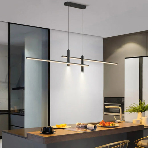 Minimalist Black Line Bar LED Pendant with Spotlights for Kitchen Island