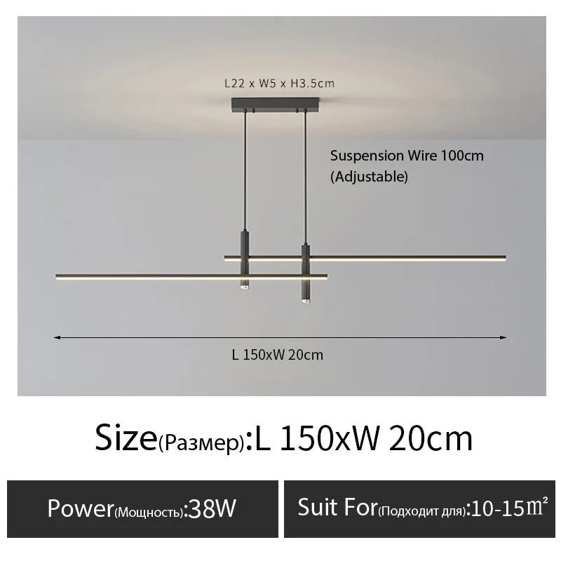 Minimalist Black Line Bar LED Pendant with Spotlights for Kitchen Island