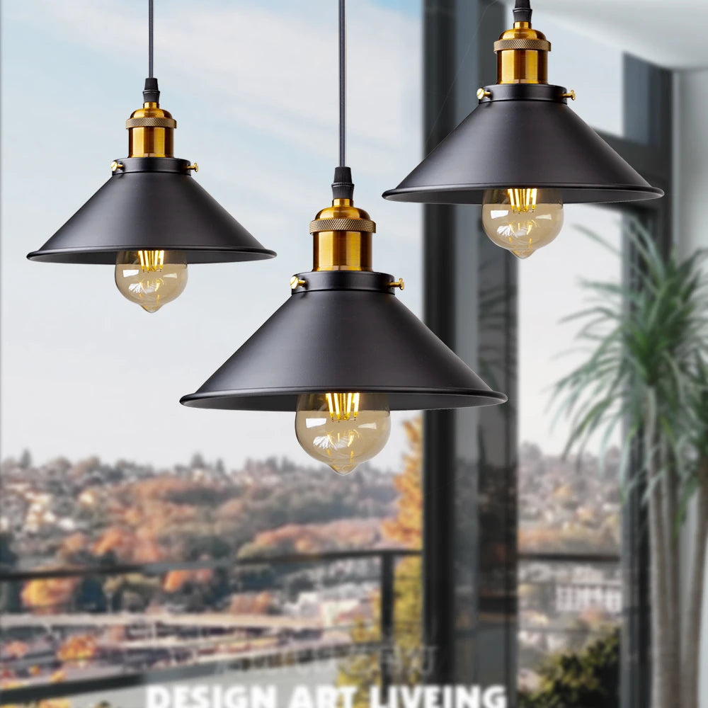 Retro Industrial Black Cone Pendant Light with Brass Fitting for Kitchen