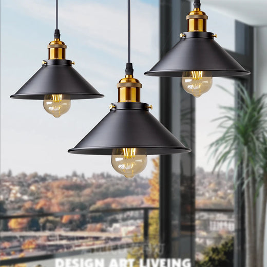 Retro Industrial Black Cone Pendant Light with Brass Fitting for Kitchen