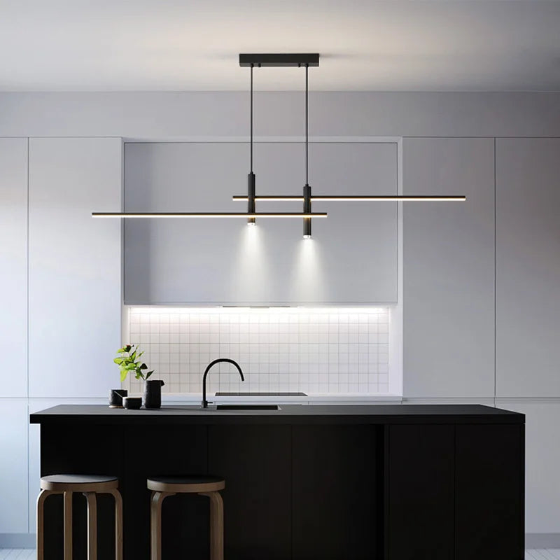 Minimalist Black Line Bar LED Pendant with Spotlights for Kitchen Island