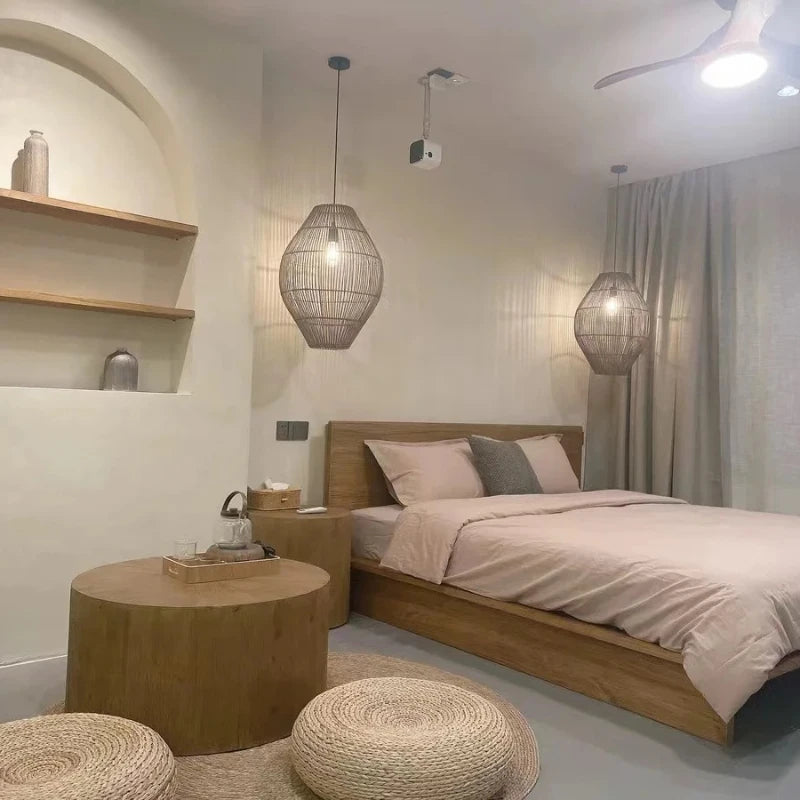 Retro Rattan Pendant Light with LED