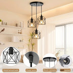 Industrial Black Wire Cage 3 Light Cluster Pendant for Dining Room