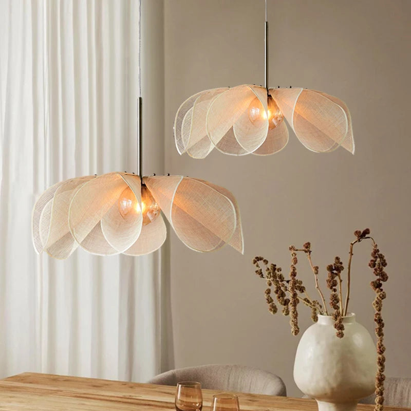Japanese Linen Petal Pendant Light with Brass Stem for Bedroom