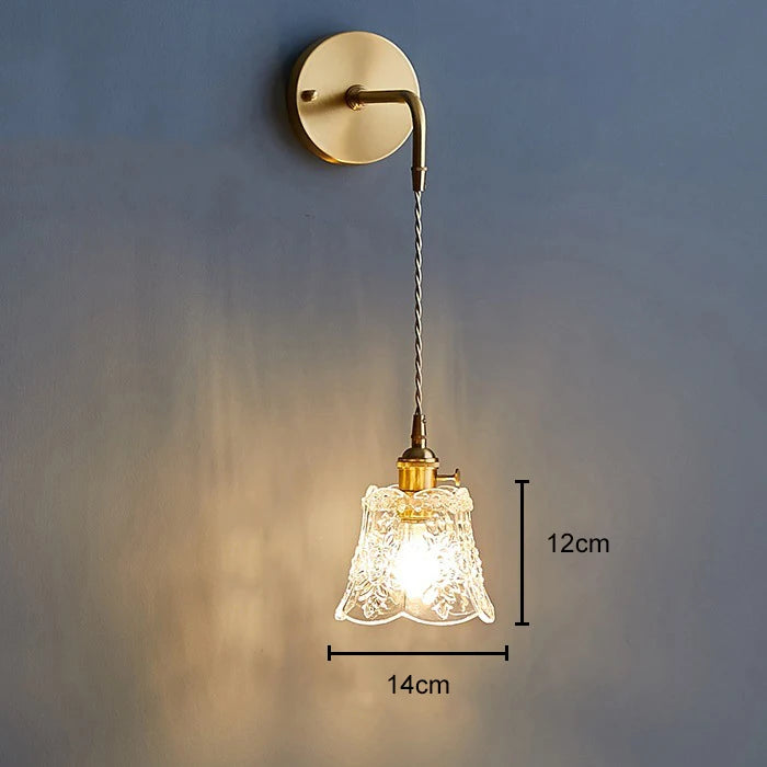 Vintage Textured Flower Glass Pendant Light with Brass Fitting for Bedside