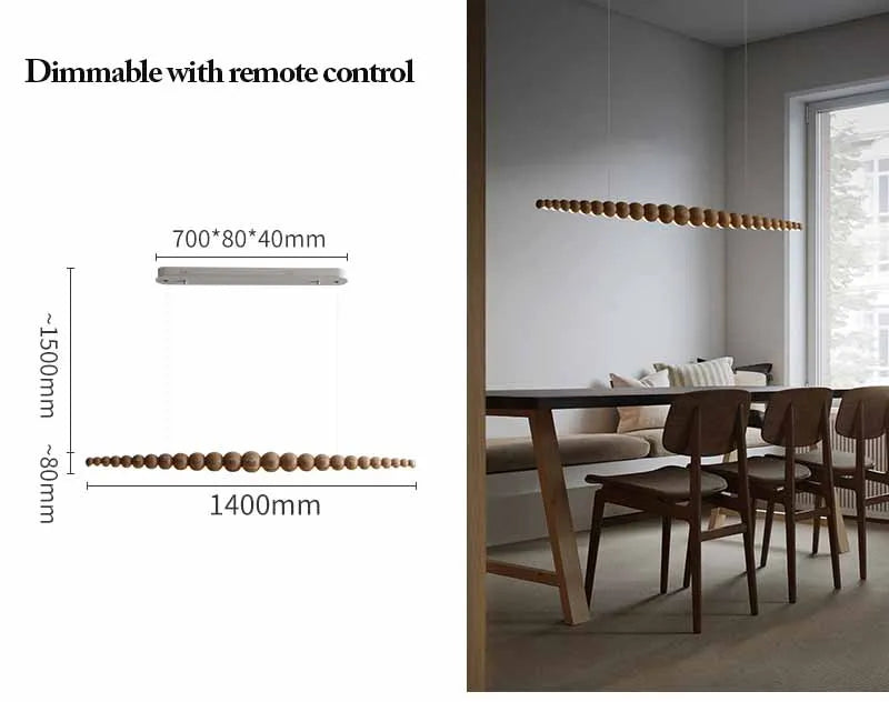 Modern Wood Bead Linear LED Pendant Light for Dining Table and Kitchen Island