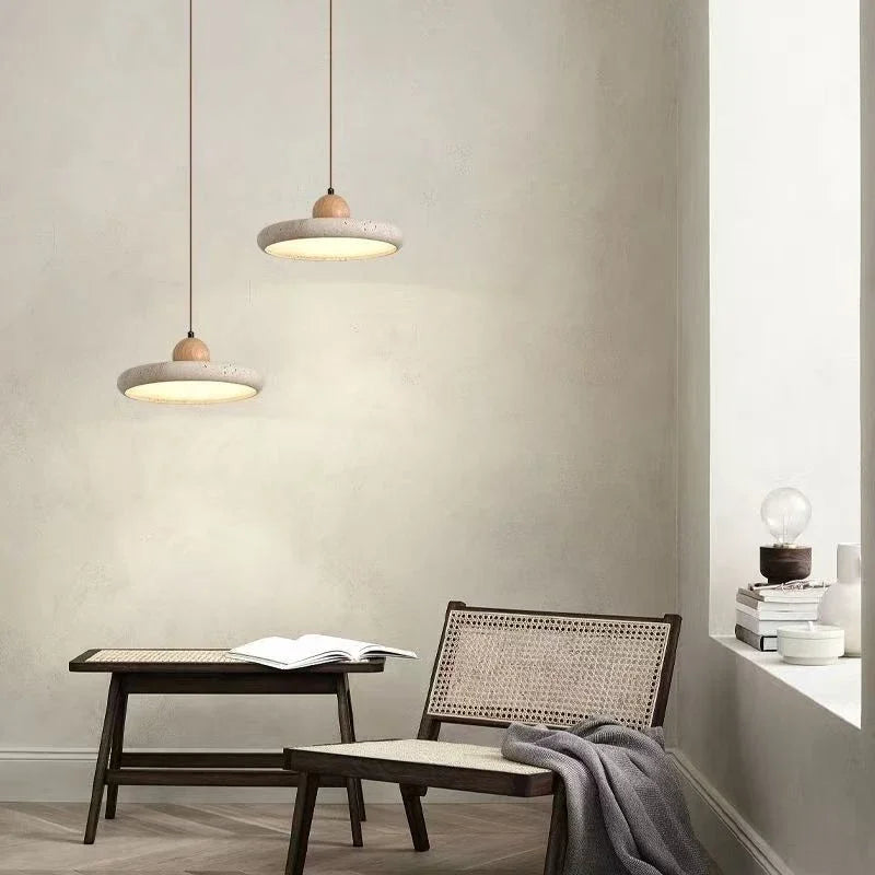 Nordic Travertine Stone Pendant Light with Wood Accent