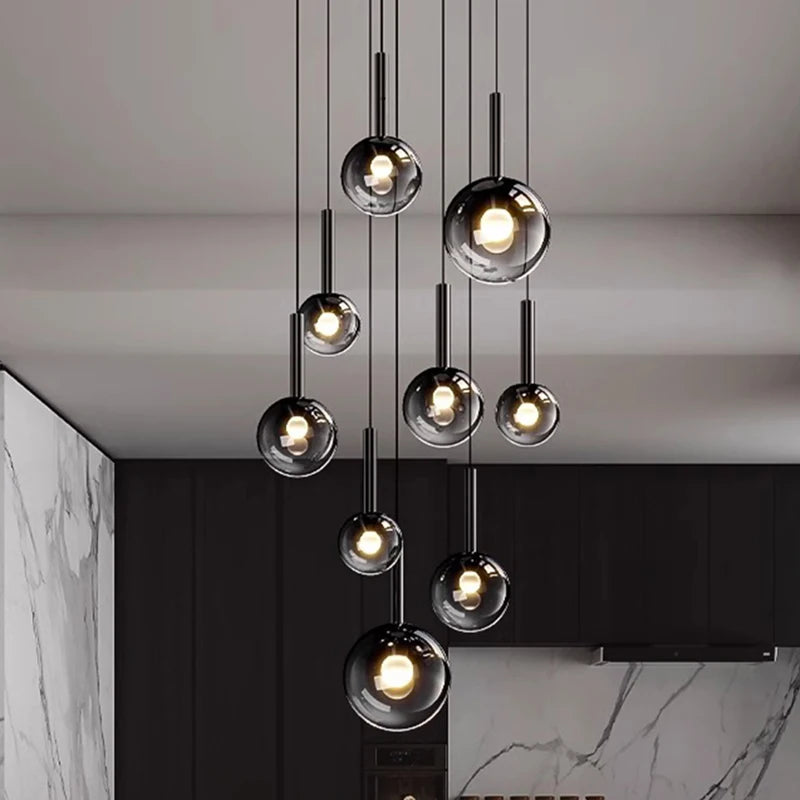 Smoked Glass Ball Cluster Staircase Chandelier with LED Globes