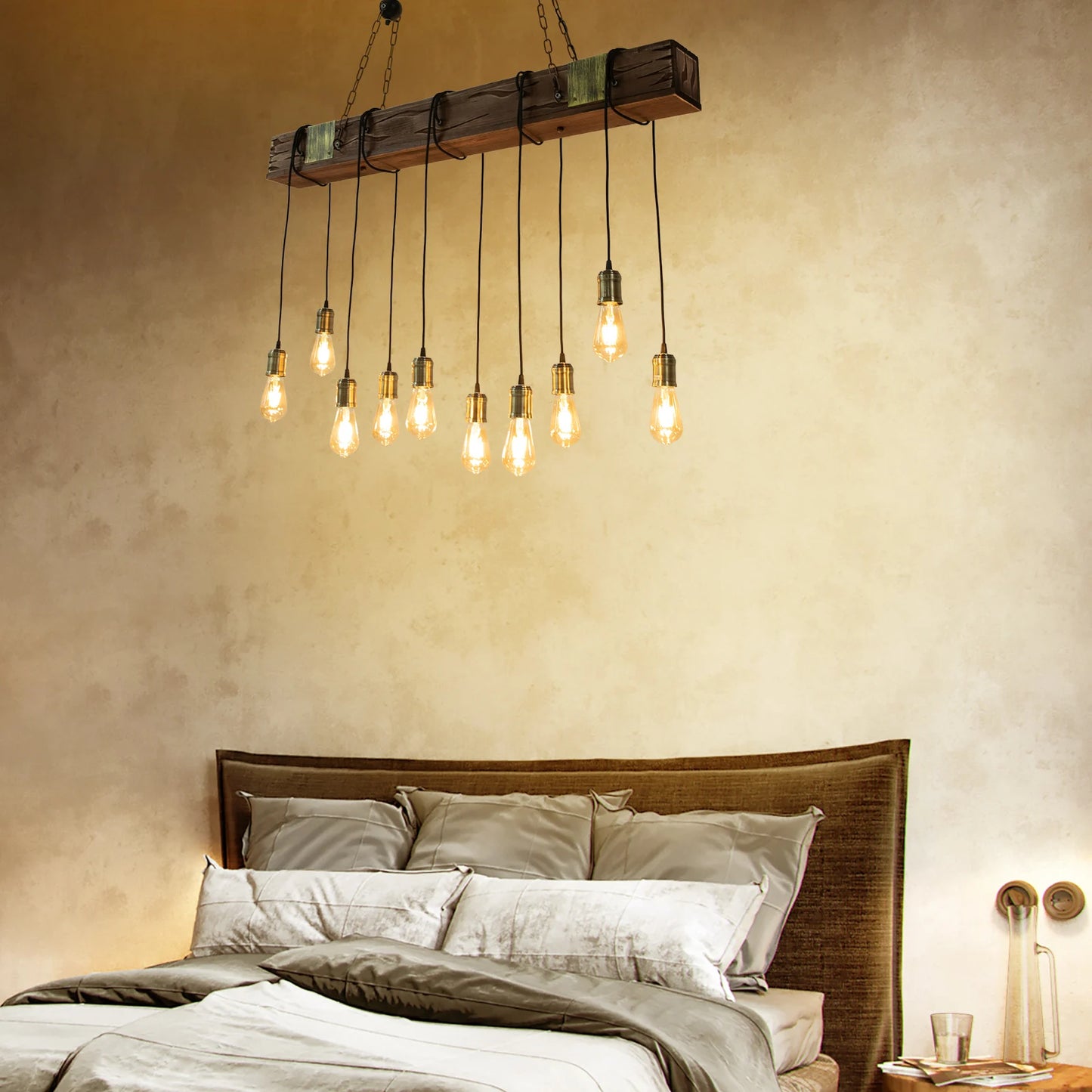 Rustic Wood Beam Pendant Light with Edison Bulbs