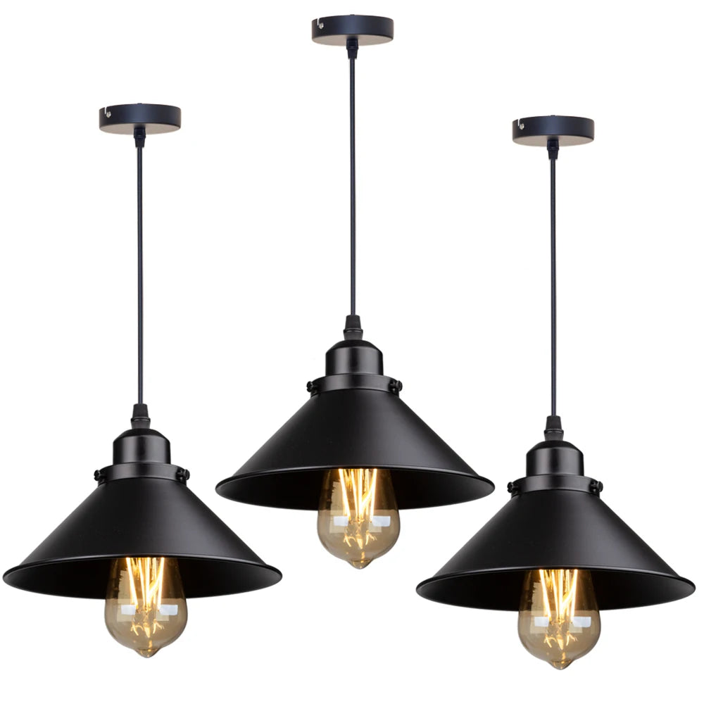 Retro Industrial Black Cone Pendant Light with Brass Fitting for Kitchen