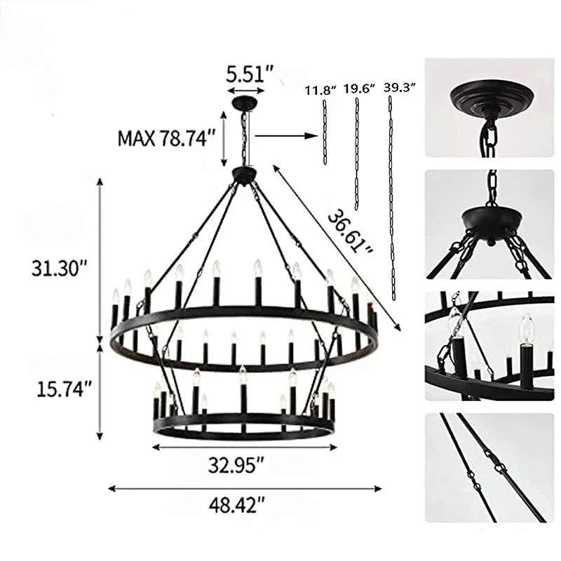 American wrought iron circular pendant light, candle pendant light, retro circular dining room light, living room pendant light