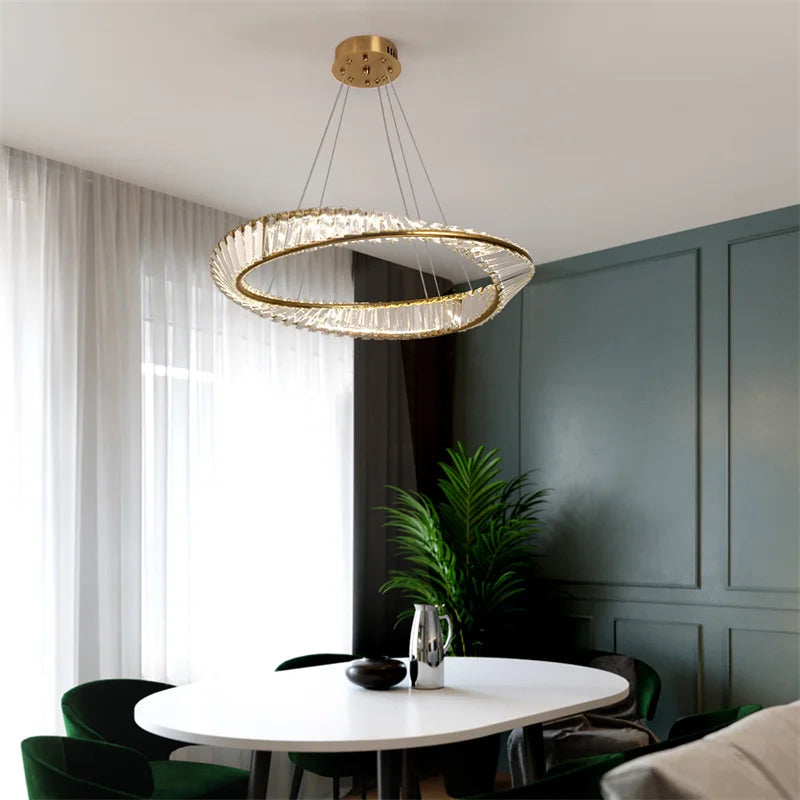 Luxury Crystal Twist Ring Chandelier in Gold for Dining Room