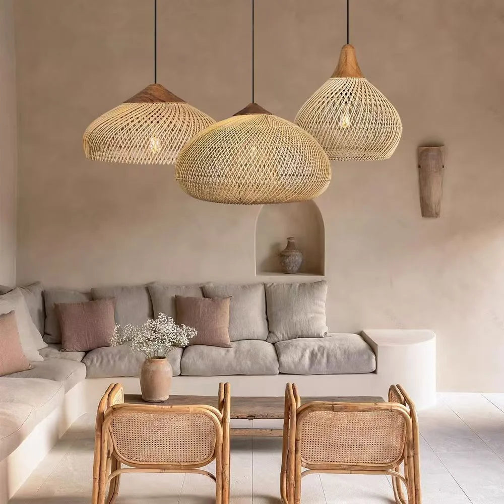 Wabi Sabi Rattan and Wood Pendant Light Hand Woven for Kitchen Island