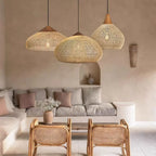 Wabi Sabi Rattan and Wood Pendant Light Hand Woven for Kitchen Island