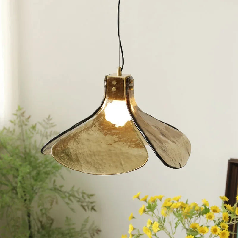 Retro Glass Flower Pendant Light Copper Finish