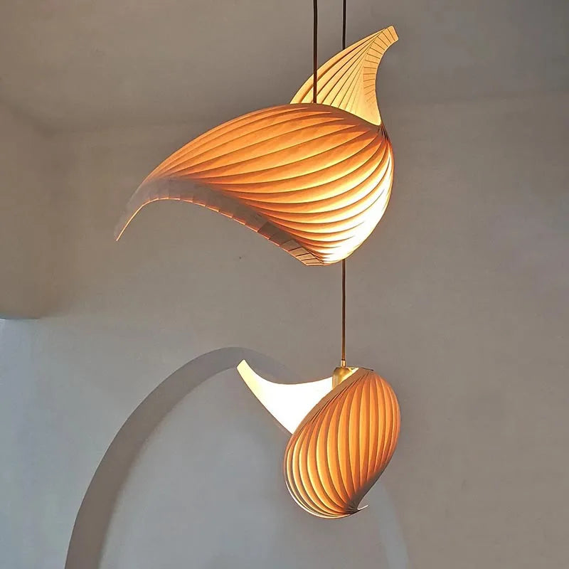 Japanese Wood Pendant Light Handmade Pleated Design