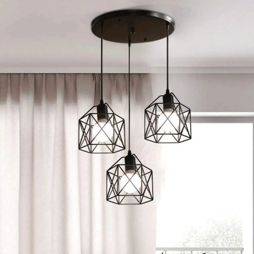 Industrial Black Wire Cage 3 Light Cluster Pendant for Dining Room