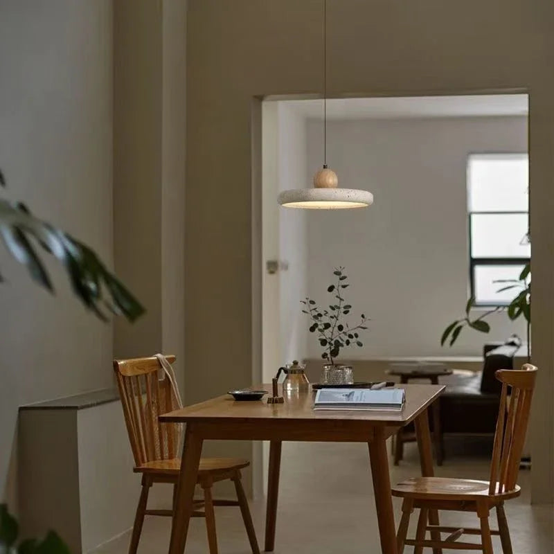 Nordic Travertine Stone Pendant Light with Wood Accent