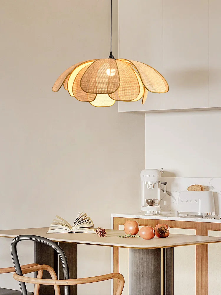 Retro Rural Hand-woven Natural Rattan Petal Chandelier Japanese-Southeast Asian Dining Room Bedroom Chandelier Artistic Atmosp