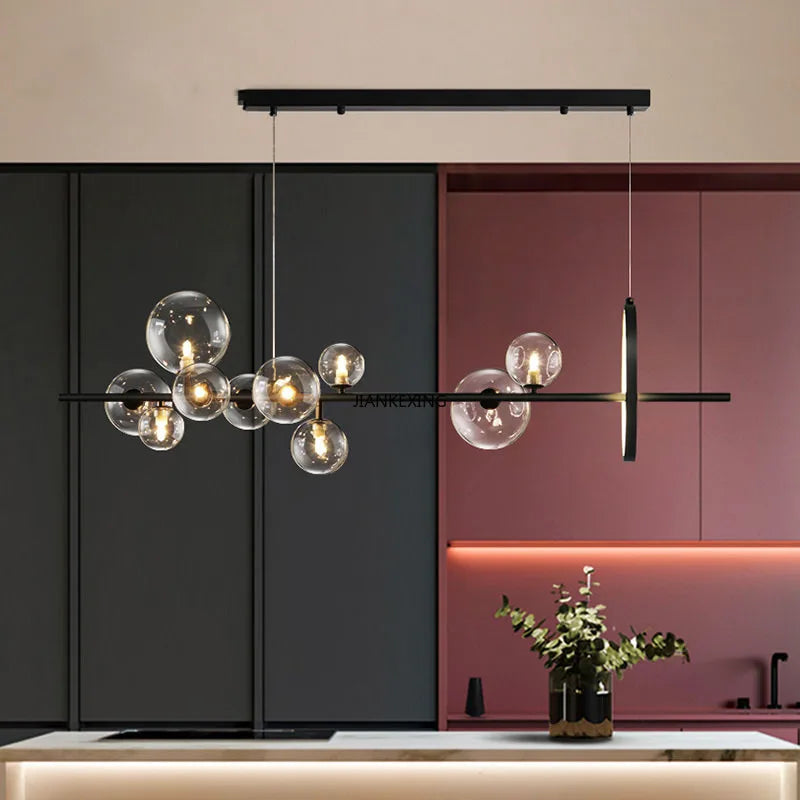 Modern Glass Bubble Linear Chandelier in Black for Dining Table
