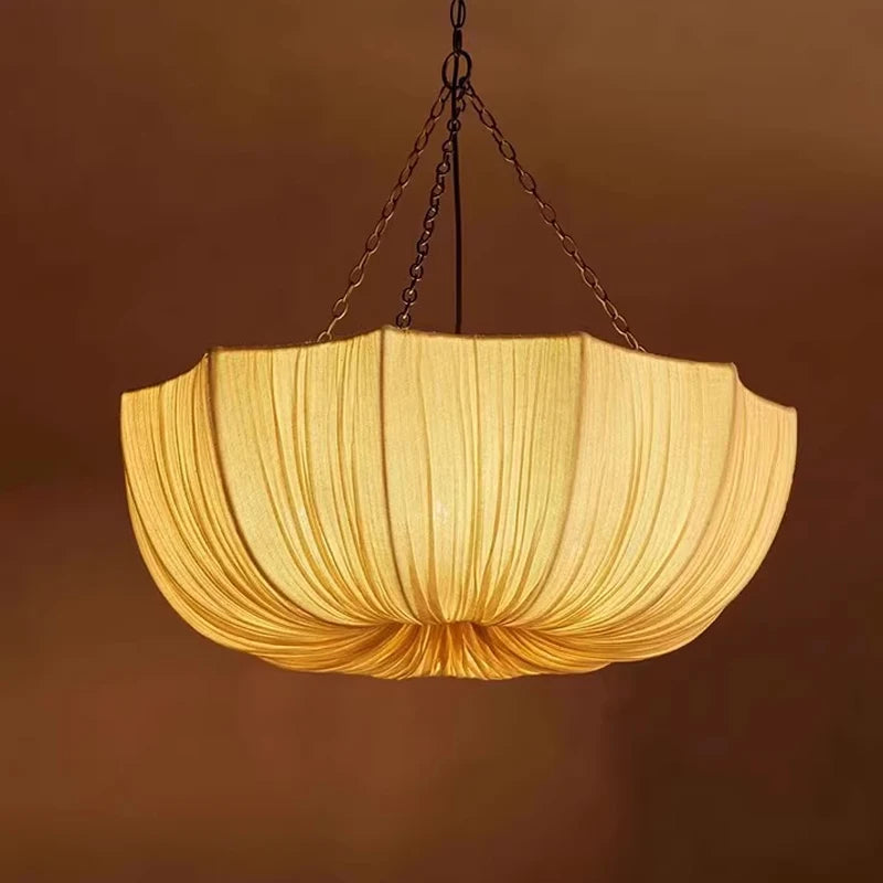 Wabi Sabi Pleated Fabric Dome Chandelier on Black Chains for Bedroom
