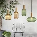 Nordic Modern Ribbed Glass Pendant Light Green/Grey/Amber Glass Hanging Lamp for Kitchen Island Dining Room Home Decor E27