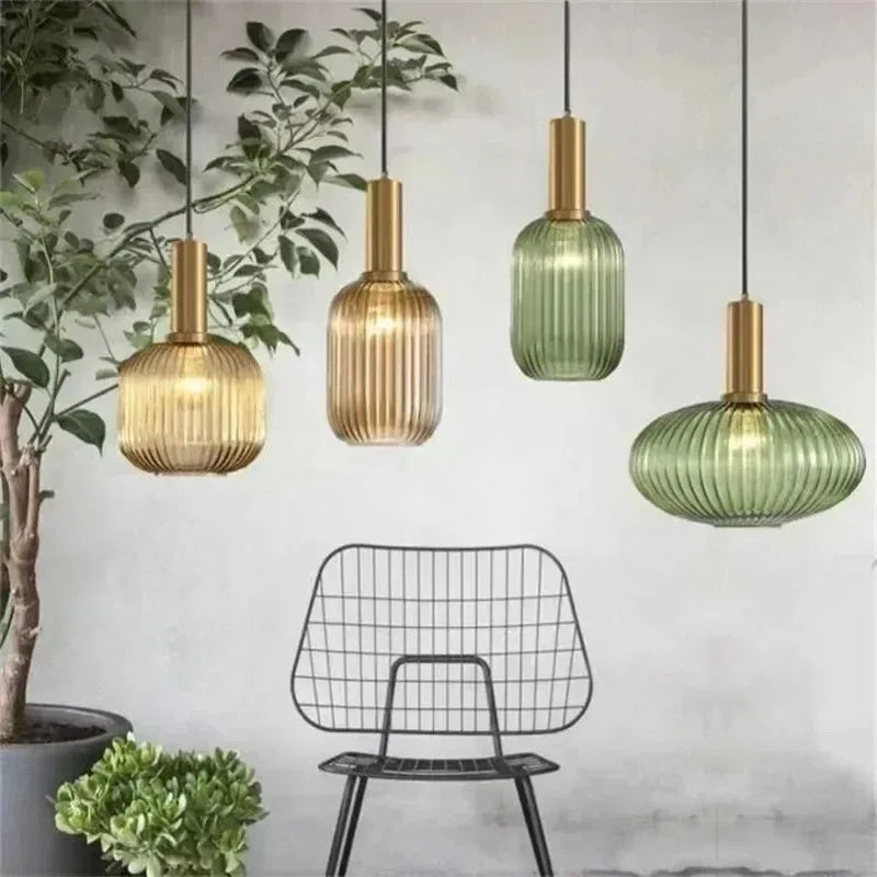 Nordic Modern Ribbed Glass Pendant Light Green/Grey/Amber Glass Hanging Lamp for Kitchen Island Dining Room Home Decor E27