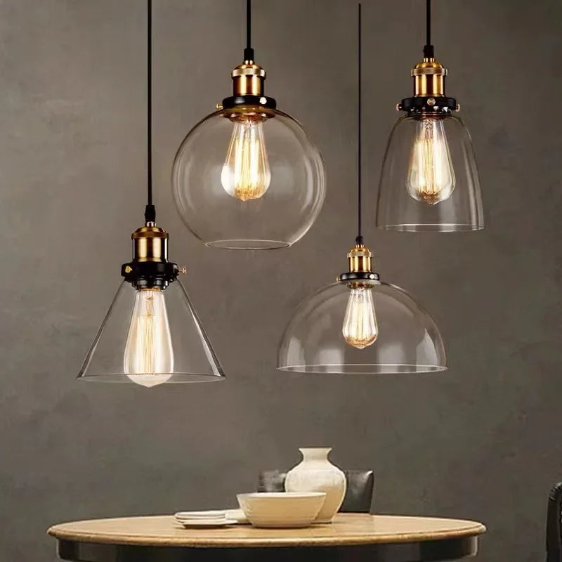 Industrial Clear Glass Pendant Light with Antique Brass Fitting for Bar