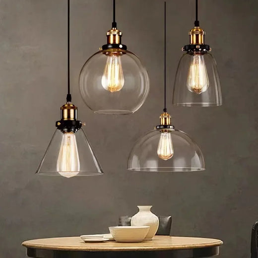Industrial Clear Glass Pendant Light with Antique Brass Fitting for Bar