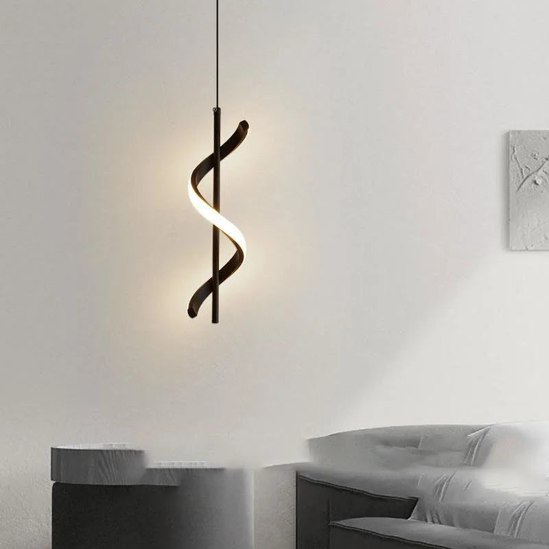 Modern Spiral Ribbon LED Pendant Light in Black and Gold for Bedside