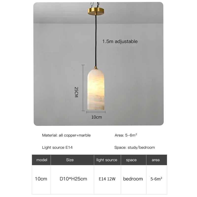 Luxury Spanish Marble Dome Pendant Light with Brass Fitting for Bedside