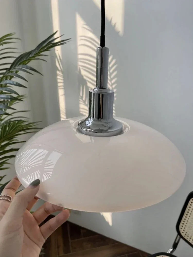 Danish Three Tier Glass Dish Pendant Light in White and Gold for Dining Room