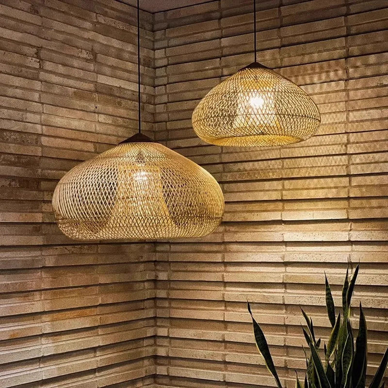 Wabi Sabi Rattan and Wood Pendant Light Hand Woven for Kitchen Island