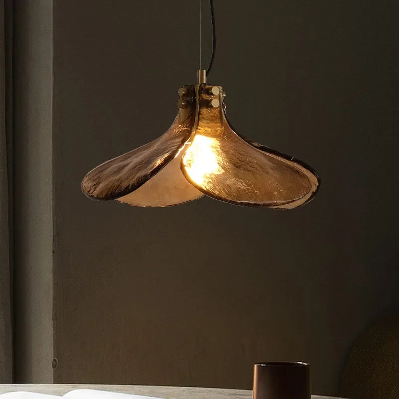 Retro Glass Flower Pendant Light Copper Finish