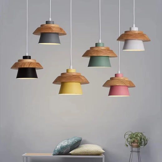 Nordic Wood and Macaron Metal Two Tier Pendant Light for Dining Nook