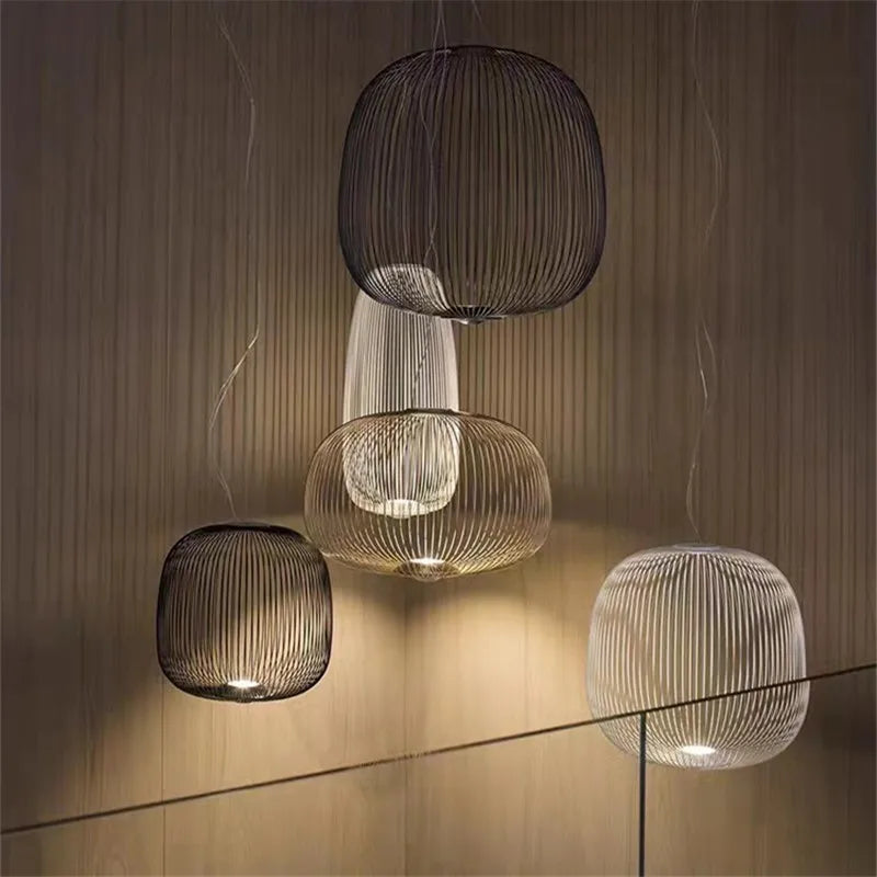 Italian Spokes Wire Cage Pendant Light in Gold for Staircase and Lobby