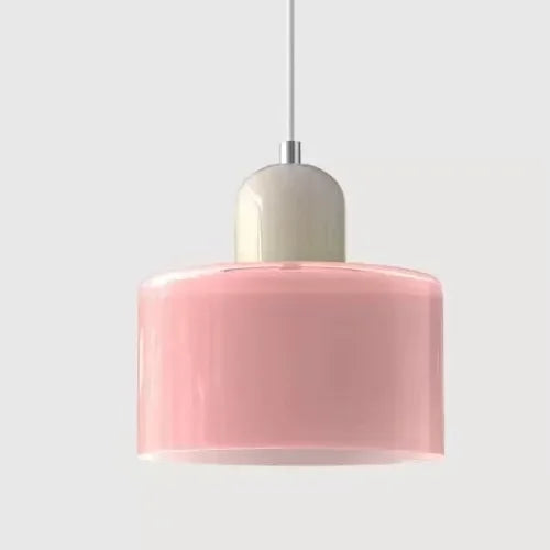 Retro Stained Glass Cylinder Pendant Light in Pastel Colors for Bedside