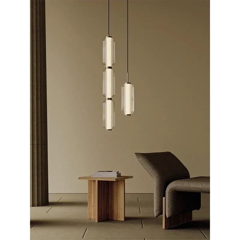 Modern Ribbed Glass Capsule Linear Chandelier in Gold for Dining Table