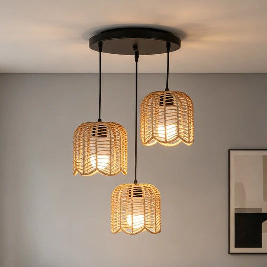 Bohemian Rattan Pendant Light 3-Lamp Hanging