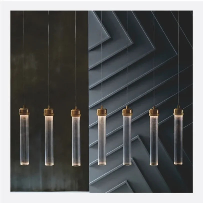 Modern Ribbed Glass Cylinder Pendant Light with Gold Cap for Bedside