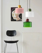 Retro Stained Glass Cylinder Pendant Light in Pastel Colors for Bedside