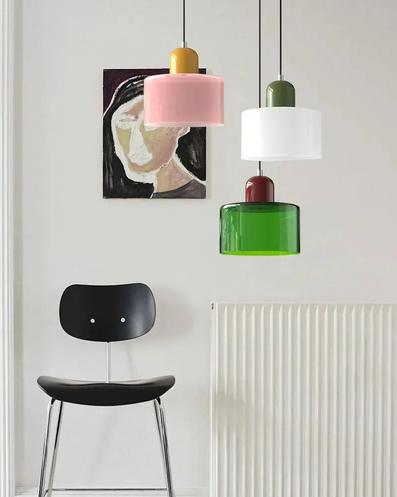 Retro Stained Glass Cylinder Pendant Light in Pastel Colors for Bedside
