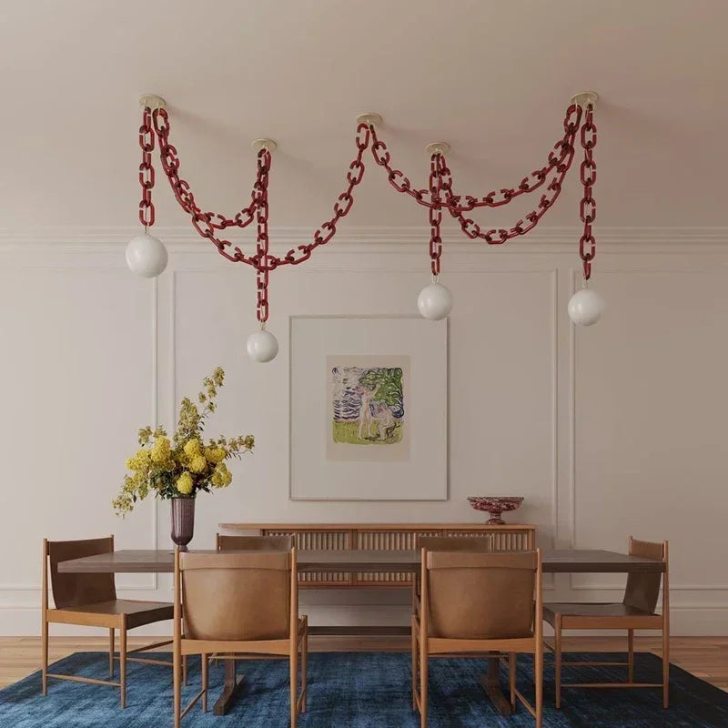 Art Deco Glass Chain Swag Pendant Light with Opal Globes for Dining Room