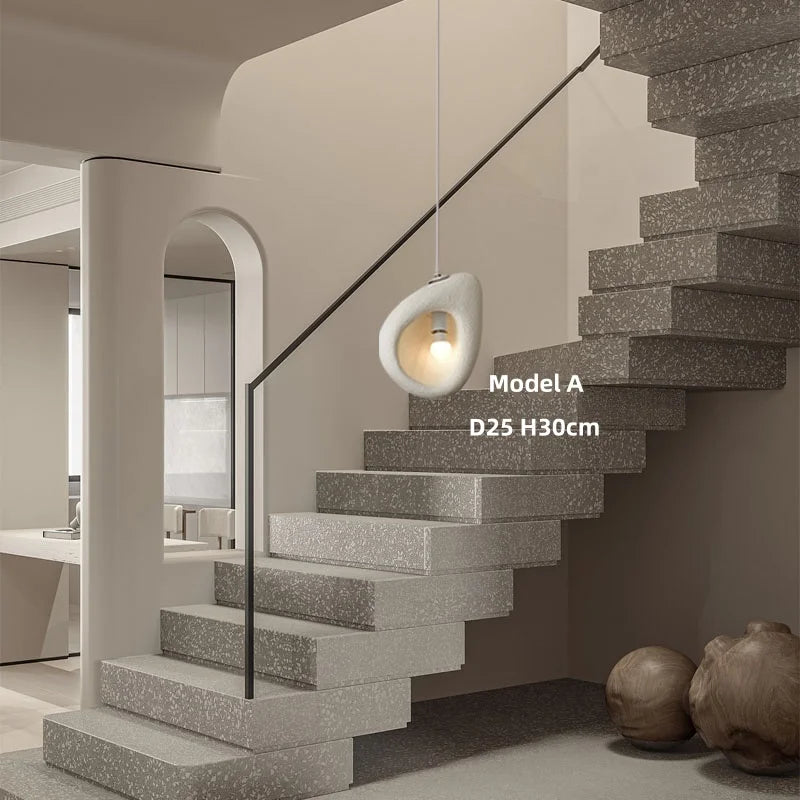 Wabi Sabi Organic Sculpted Pendant Light in White and Gray for Staircase