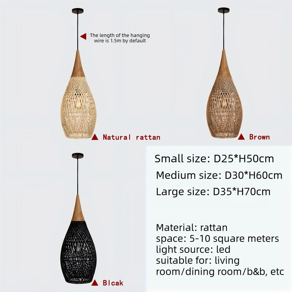Wabi Sabi Rattan and Wood Pendant Light Hand Woven for Kitchen Island