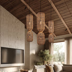 Hand Woven Rattan Column Pendant Light for Staircase and Living Room