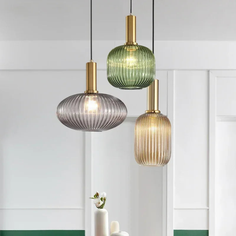 Vintage Striped Glass Pendant Light in Green Gray and Amber for Kitchen Island