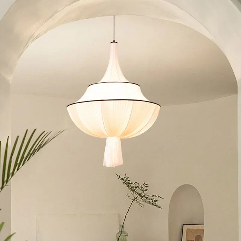 French Draped Fabric Chandelier with Tassel in White for Hotel Lobby