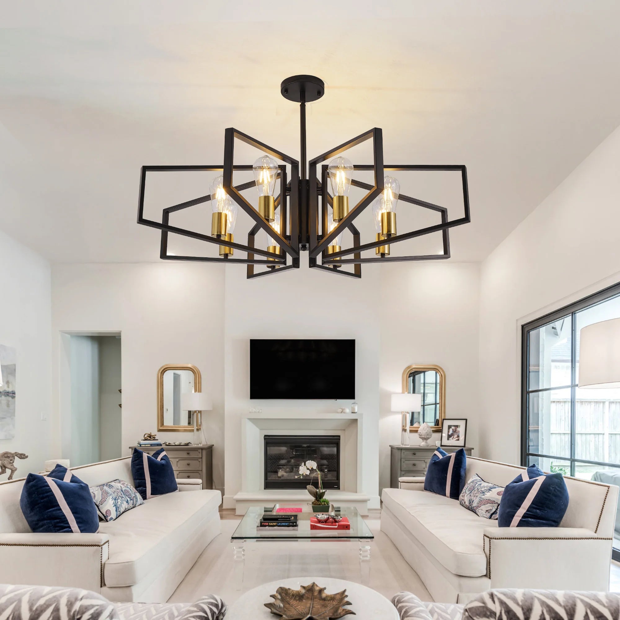 Modern Geometric 8 Light Chandelier in Black and Gold for Dining Room