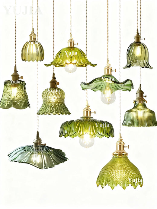 Vintage Green Pressed Glass Pendant Light with Brass Fitting for Kitchen Island